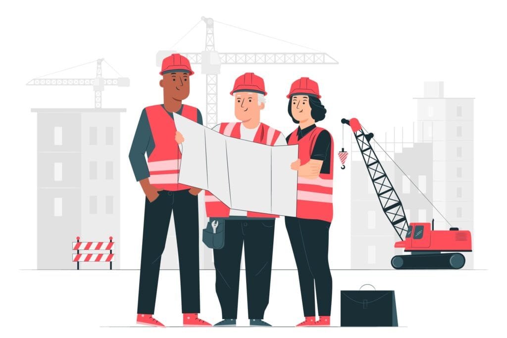 construction workers gathered around looking at plans