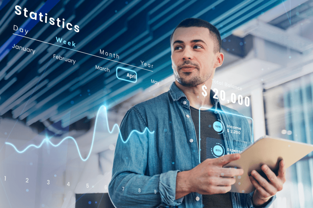 Fintech lending platform with business owner on a tablet