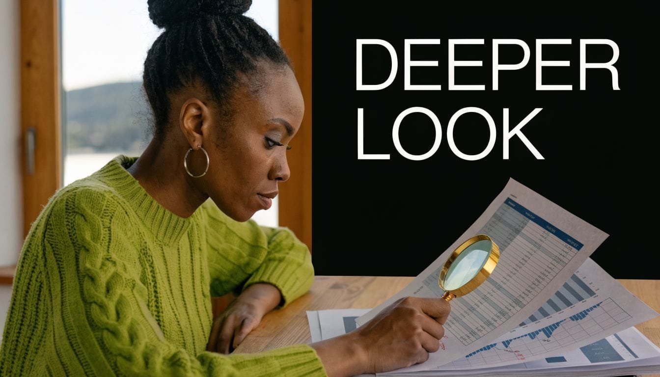 A woman in a green sweater examines financial documents with a magnifying glass to review business data.