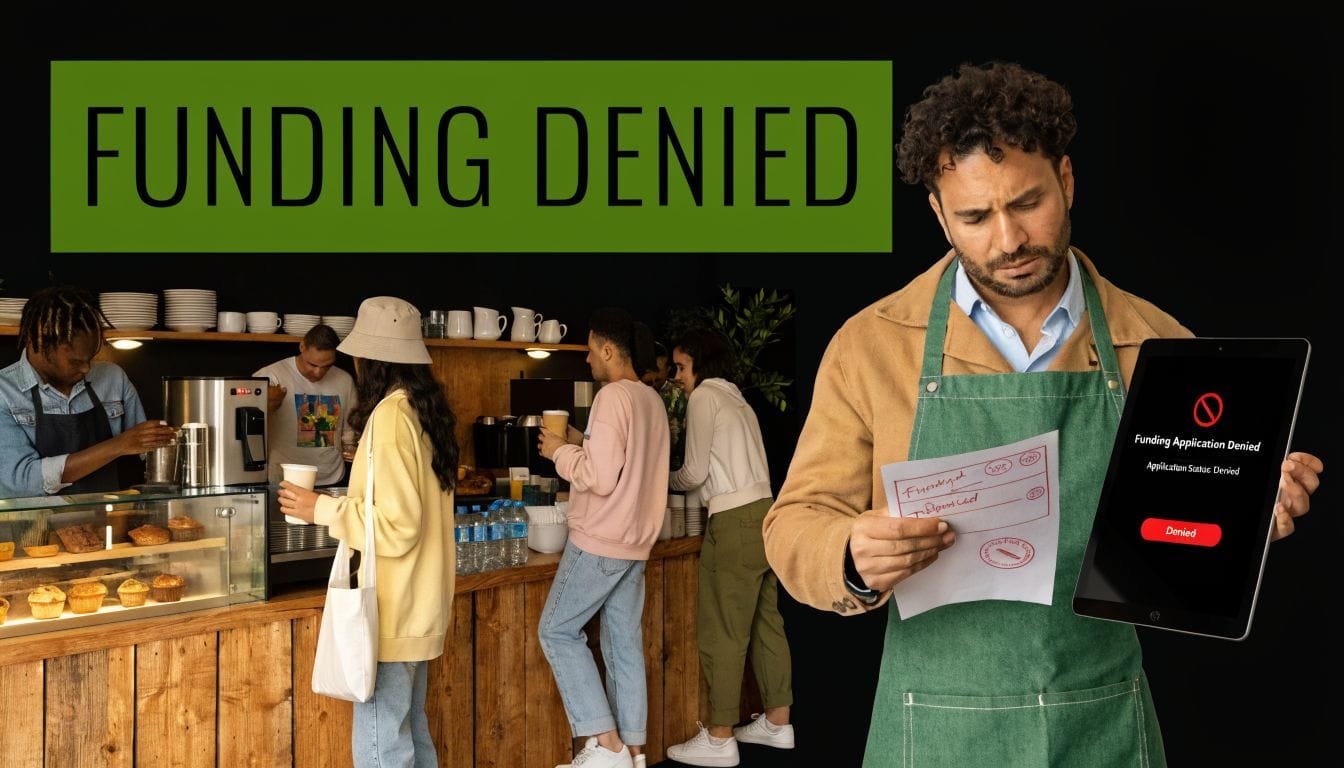 A distressed barista in a coffee shop holding a rejected funding application notice on a tablet.