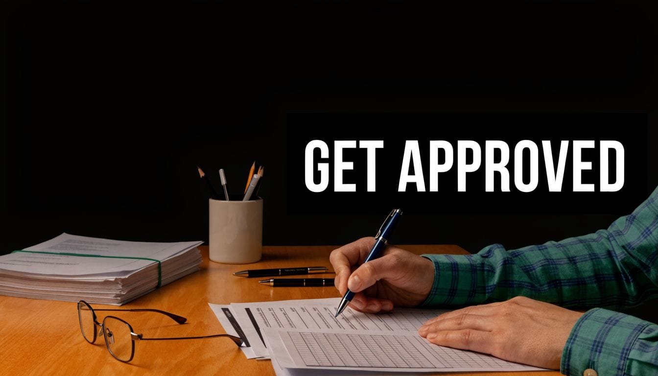 A person in a plaid shirt signing business documents on a wooden desk with office supplies nearby.