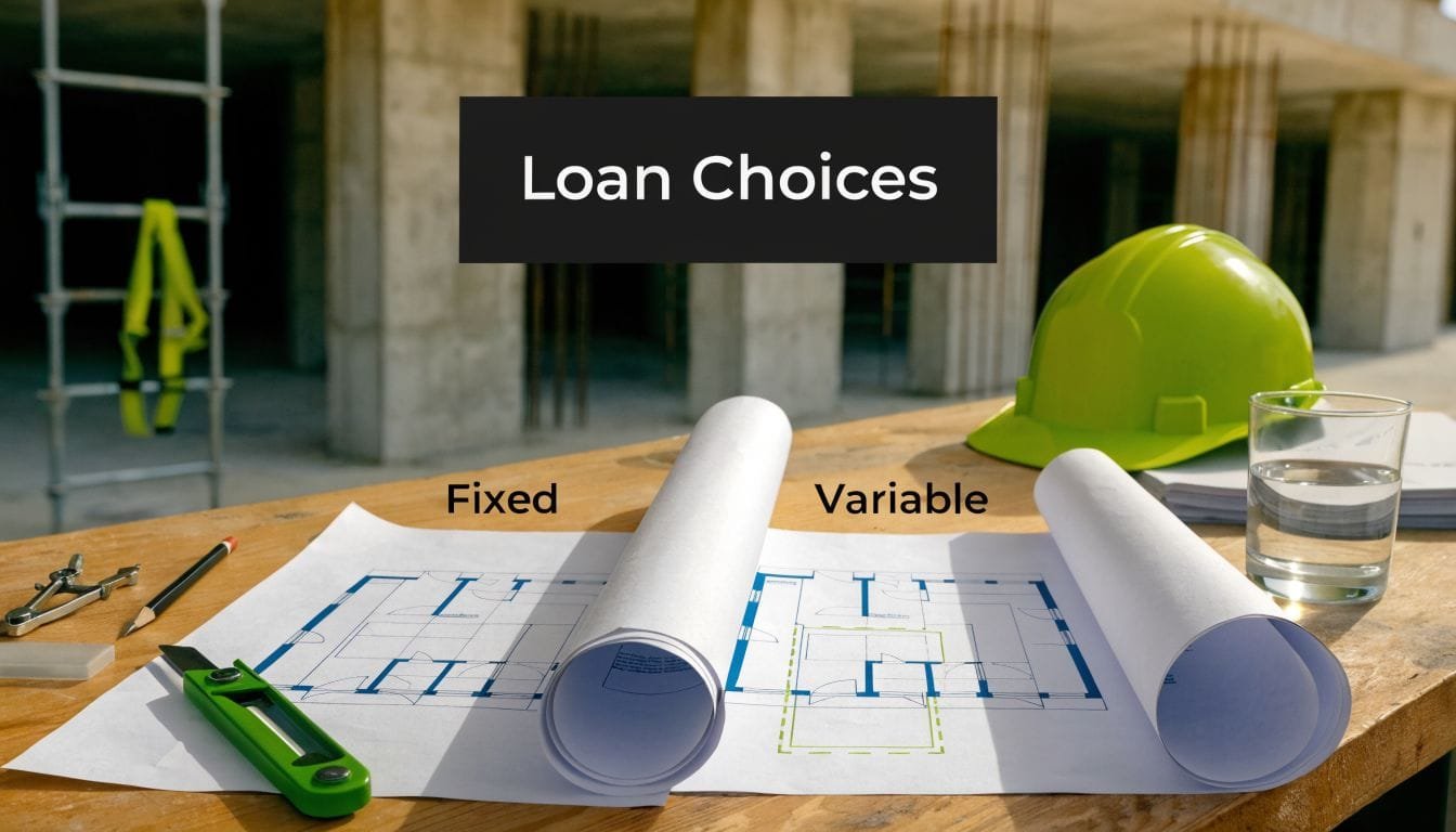 Architectural blueprints for a construction project on a wooden desk with a hard hat and tools.