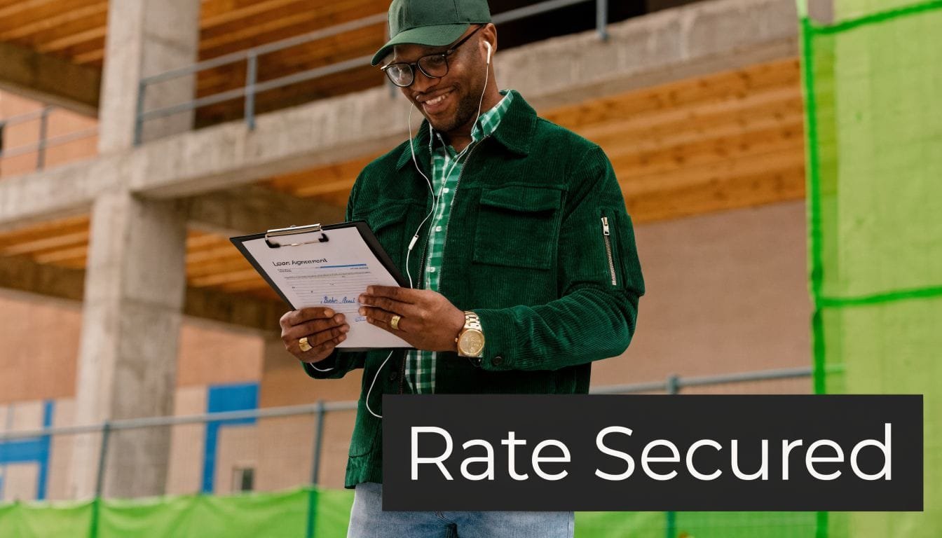 A smiling man in a green jacket holding a signed loan agreement document on a clipboard.