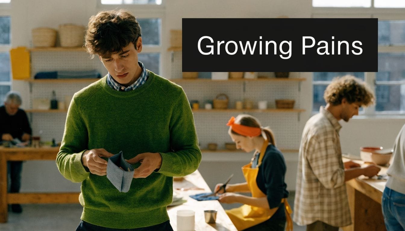 A concerned young man checks his empty wallet while standing in a busy craft workshop environment.