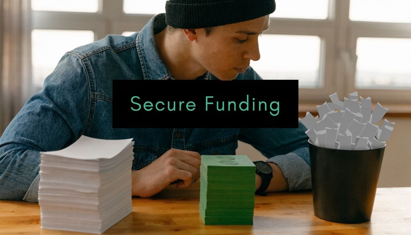 A person in a denim shirt sits at a desk with papers and a secure funding sign.