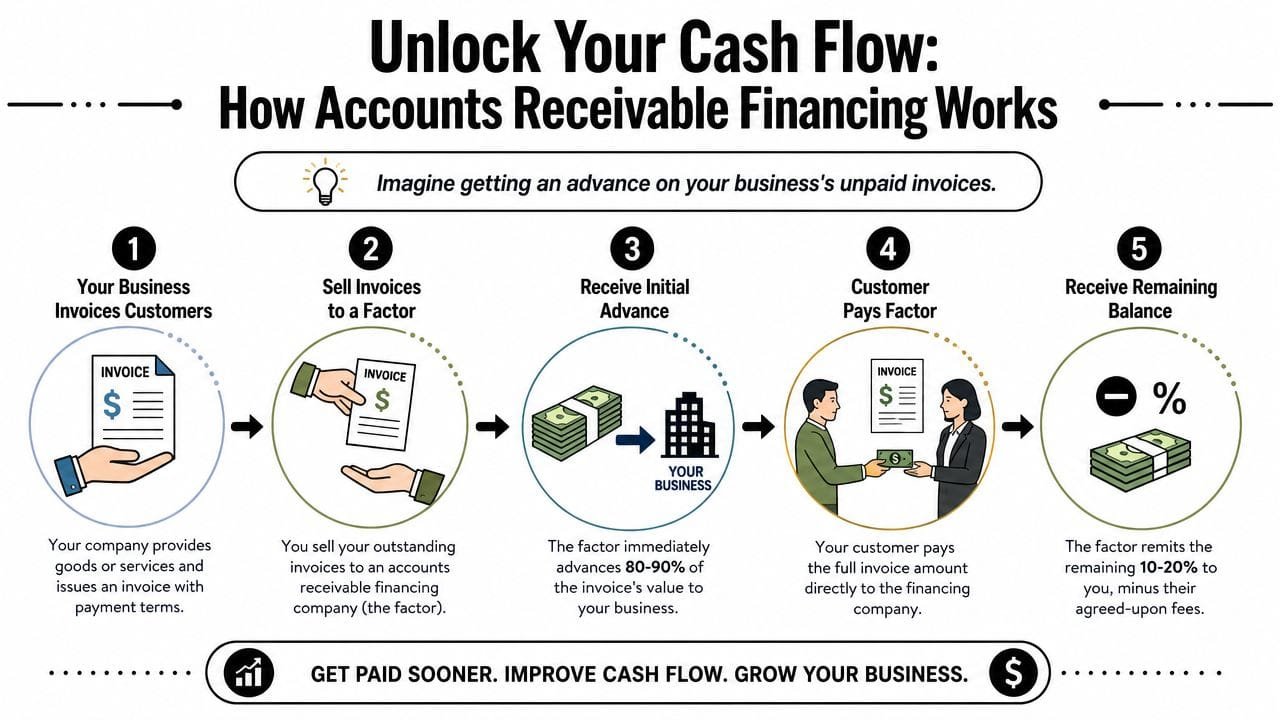 A five-step infographic explaining how accounts receivable financing works, from invoicing to receiving the final balance.