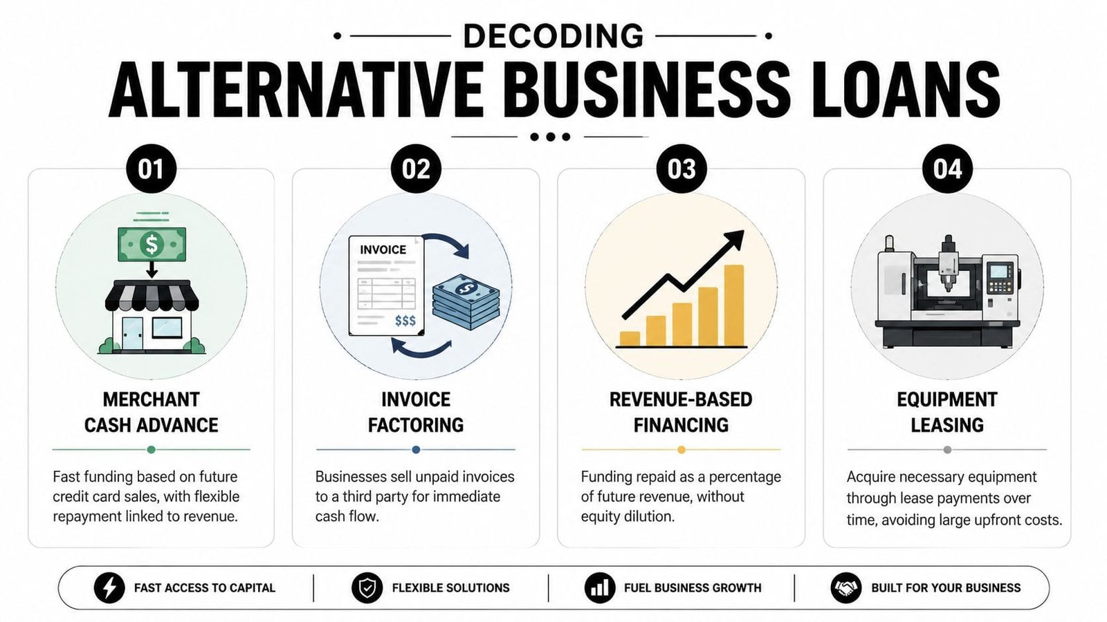 An infographic titled Decoding Alternative Business Loans featuring four financing types: merchant cash advance, invoice factoring, revenue-based financing, and equipment leasing.
