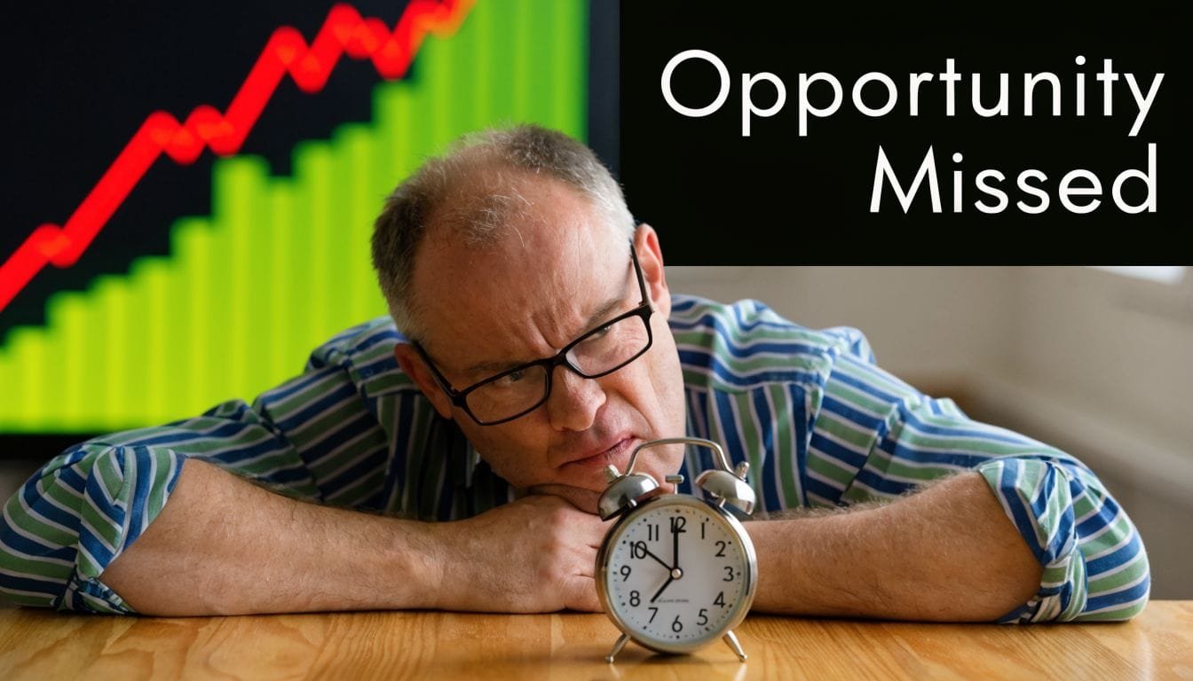 A concerned middle-aged man staring at a clock, suggesting a missed investment opportunity on a chart background.