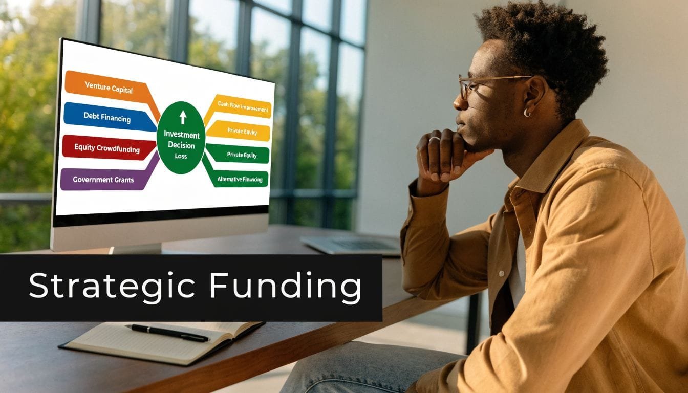 A young man sitting at a desk looking at a monitor displaying a diagram about strategic funding.