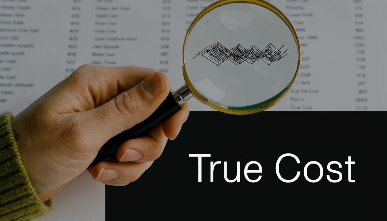 A hand holding a magnifying glass over a spreadsheet with the words True Cost visible.