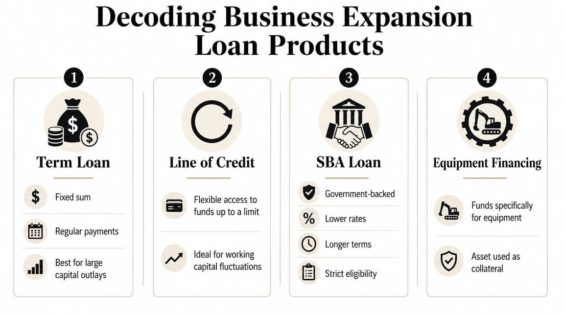 An infographic titled Decoding Business Expansion Loan Products outlining term loans, lines of credit, SBA loans, and equipment financing.