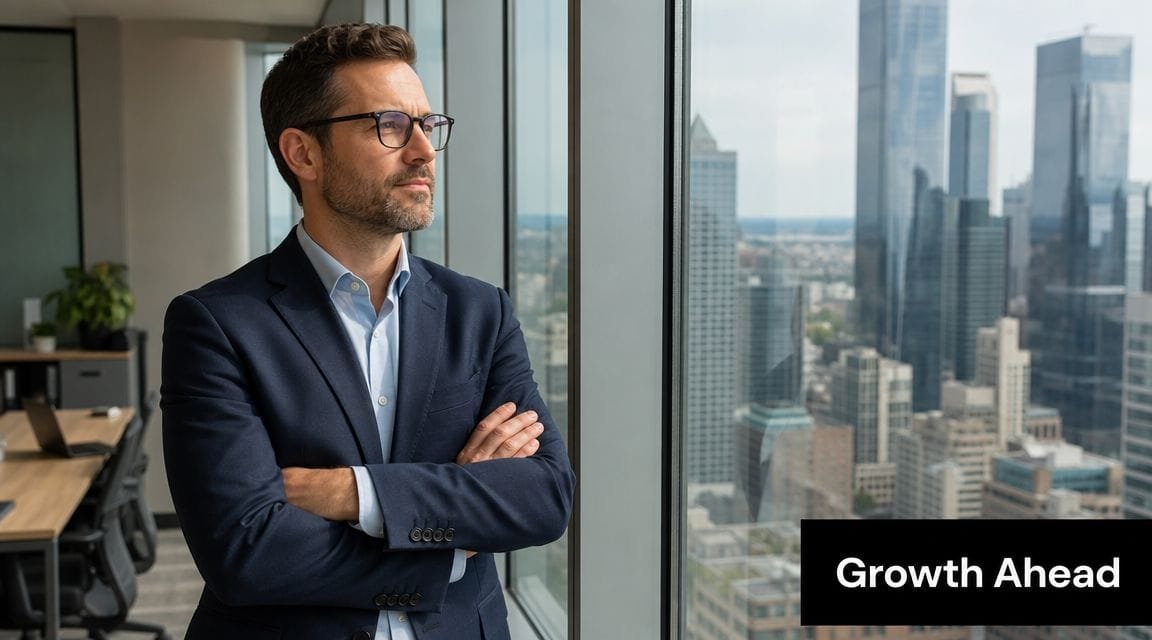 A professional businessman in a suit stands in a modern office looking out at the city skyline.