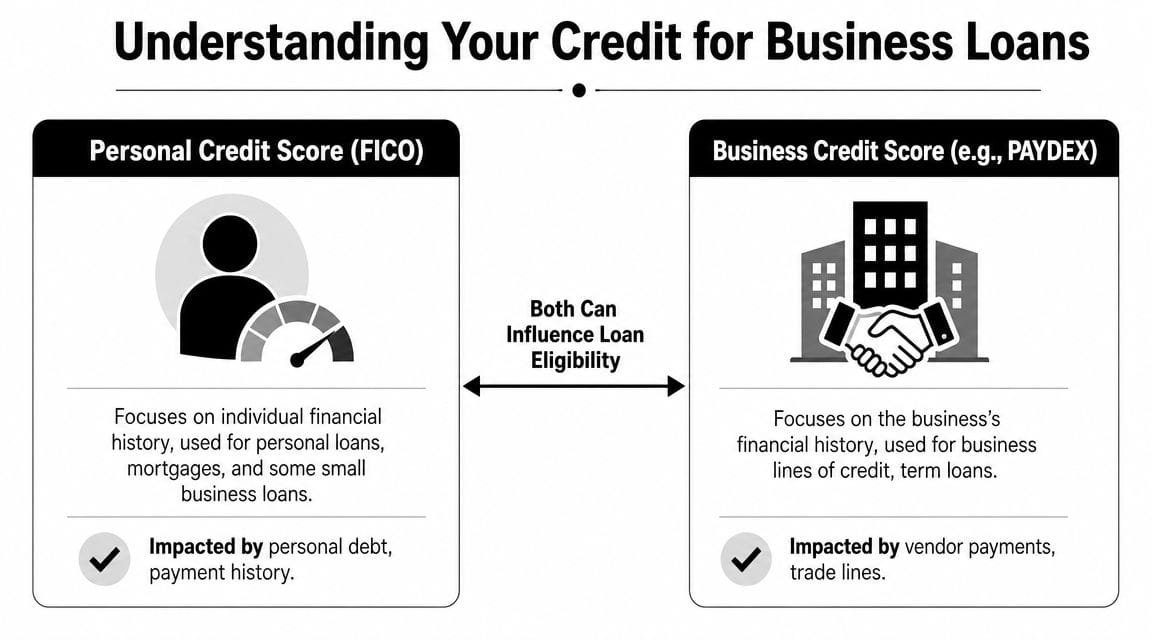 A comparison chart explaining the difference between personal FICO scores and business PAYDEX credit scores for loans.