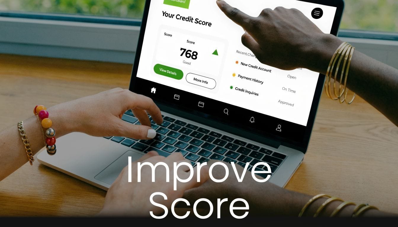 A close-up view of two people interacting with a credit score dashboard on a laptop computer.