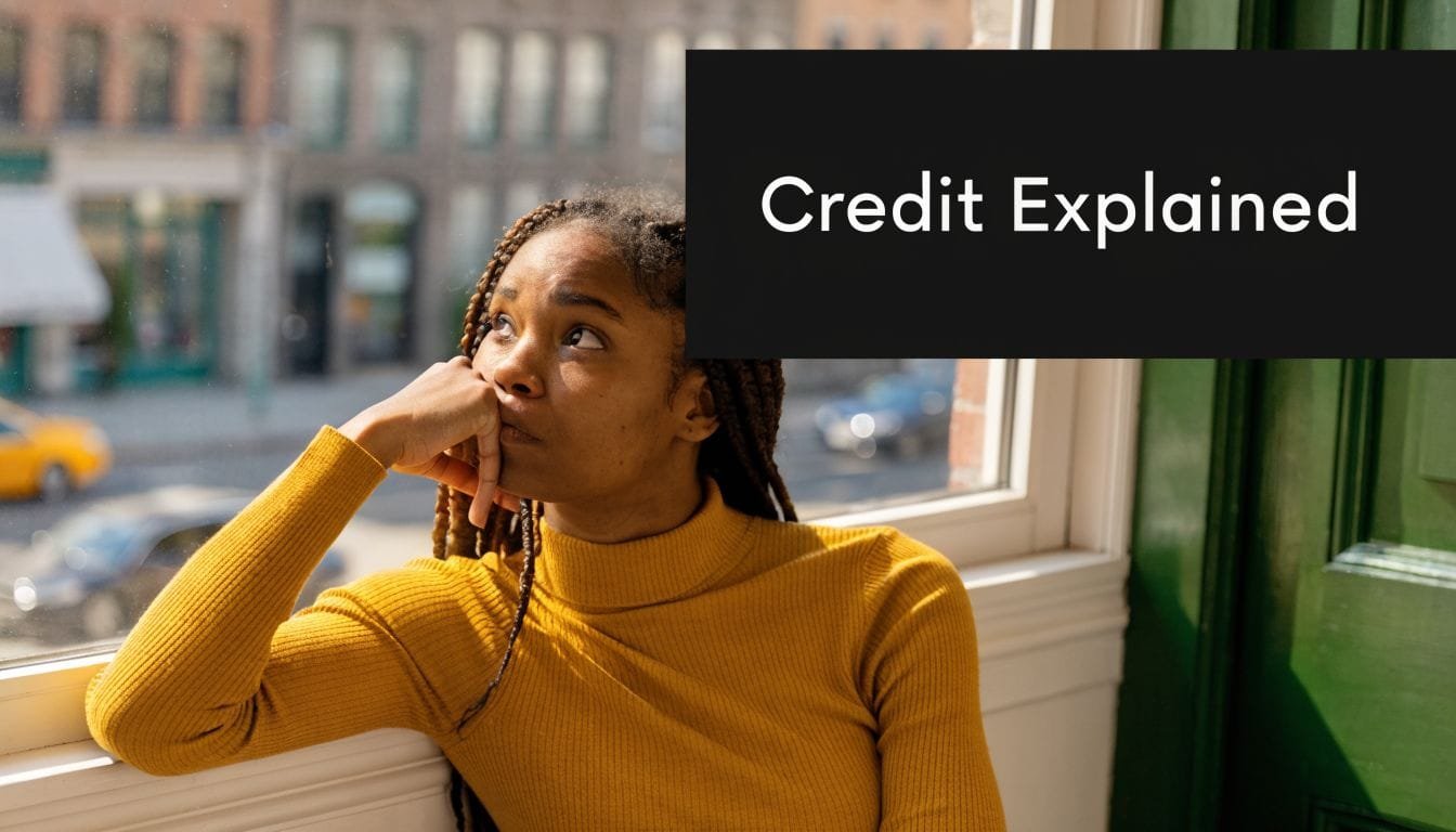 A young woman wearing a mustard turtleneck looking thoughtfully out of a window with credit explained overlay.