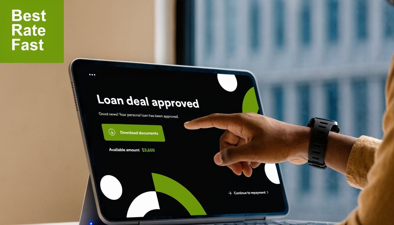 A person using a tablet computer to view an approved personal loan deal with document download option.