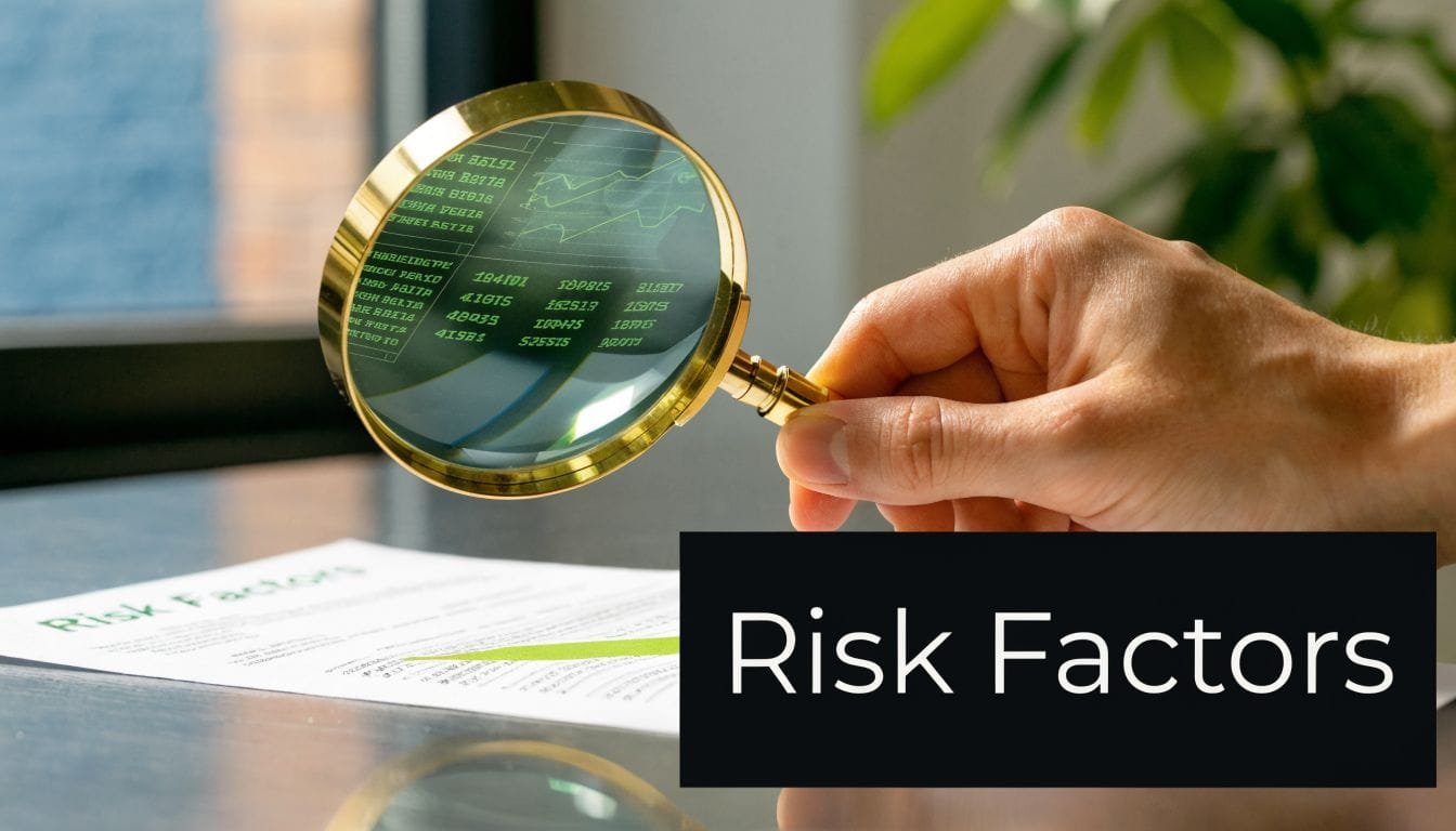 A hand holds a magnifying glass over a document labeled Risk Factors to analyze financial data.