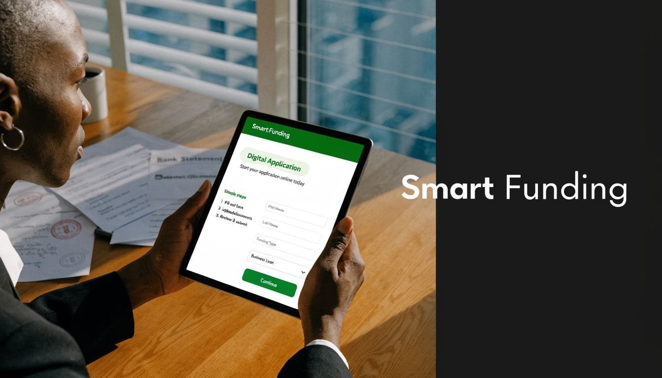 A professional holding a tablet displaying a Smart Funding digital business loan application form at their desk.