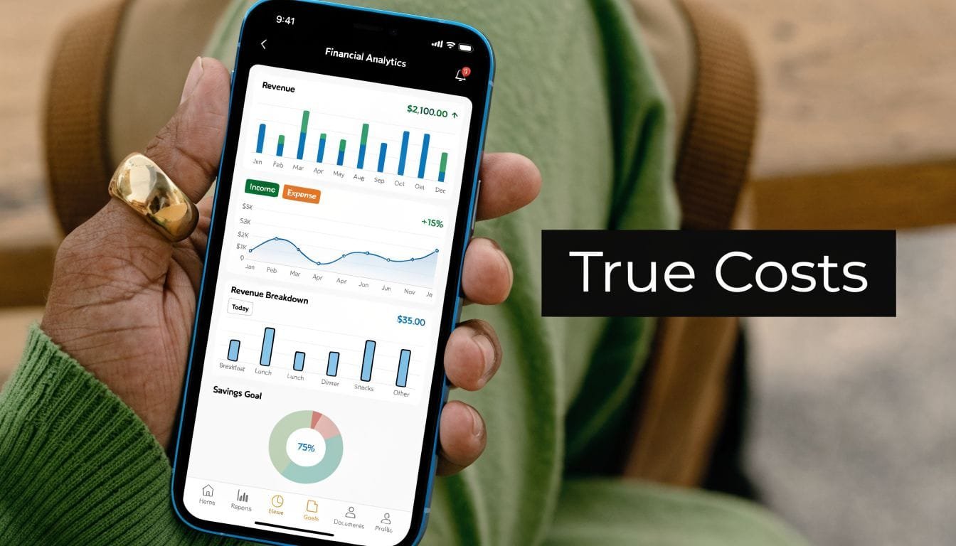 A close-up of a person holding a smartphone displaying a mobile financial analytics application interface.