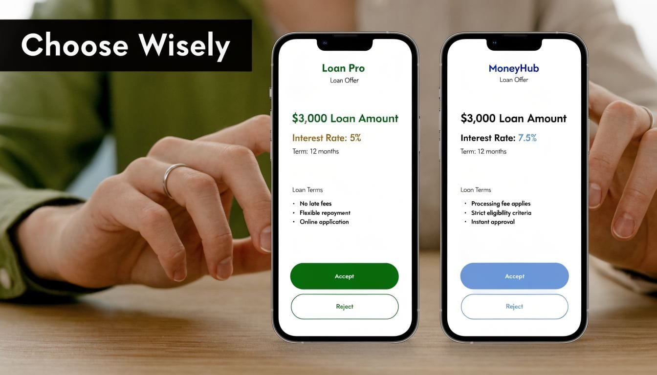 A person comparing two mobile phone screens displaying loan offers with different interest rates and terms.