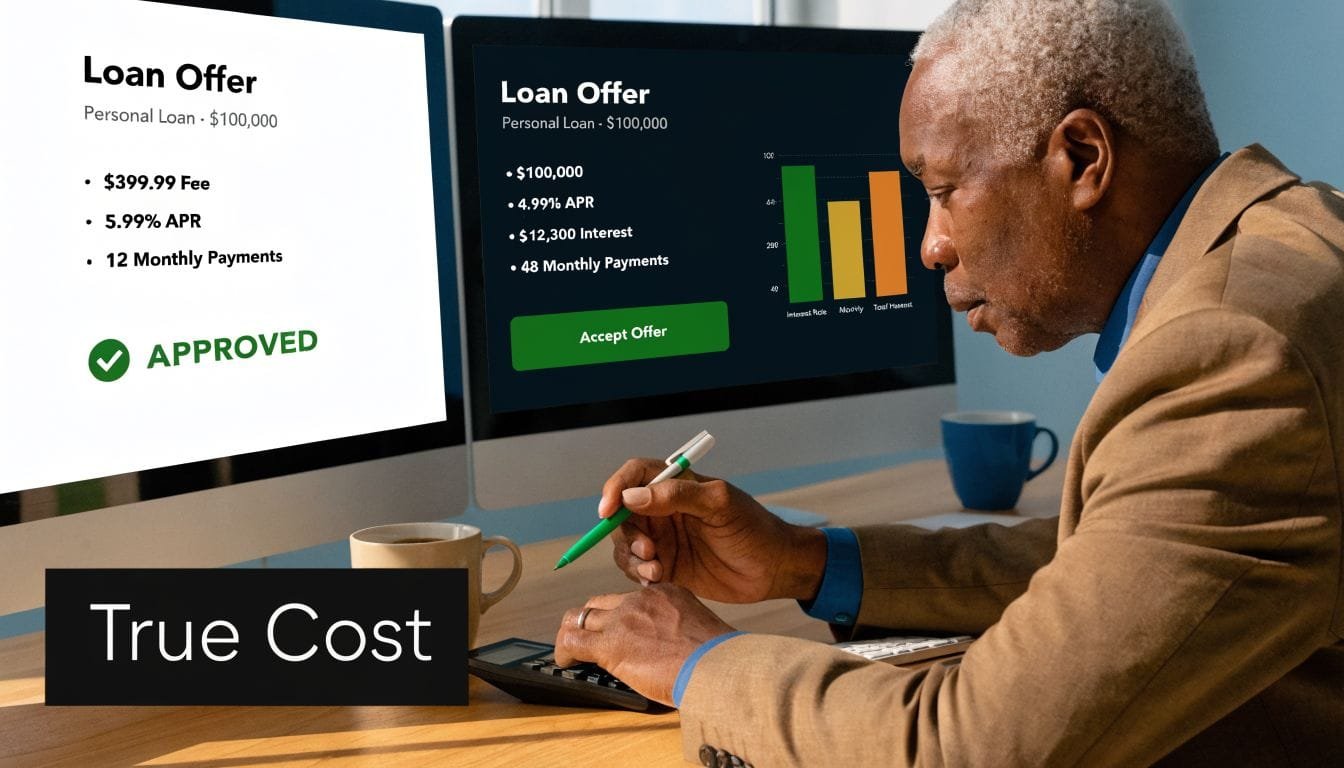 A professional man reviewing personal loan offers on his computer while calculating financial details at his desk.