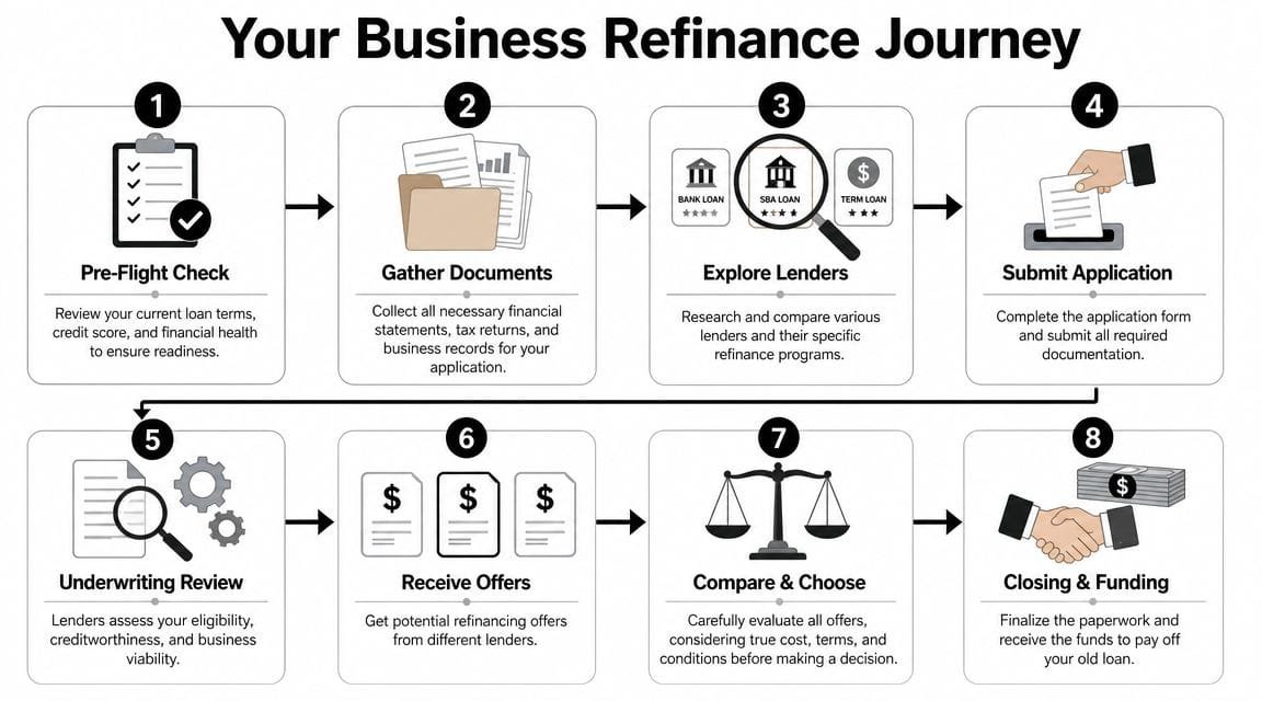 An eight-step infographic illustrating the business loan refinancing process from pre-flight check to final funding.
