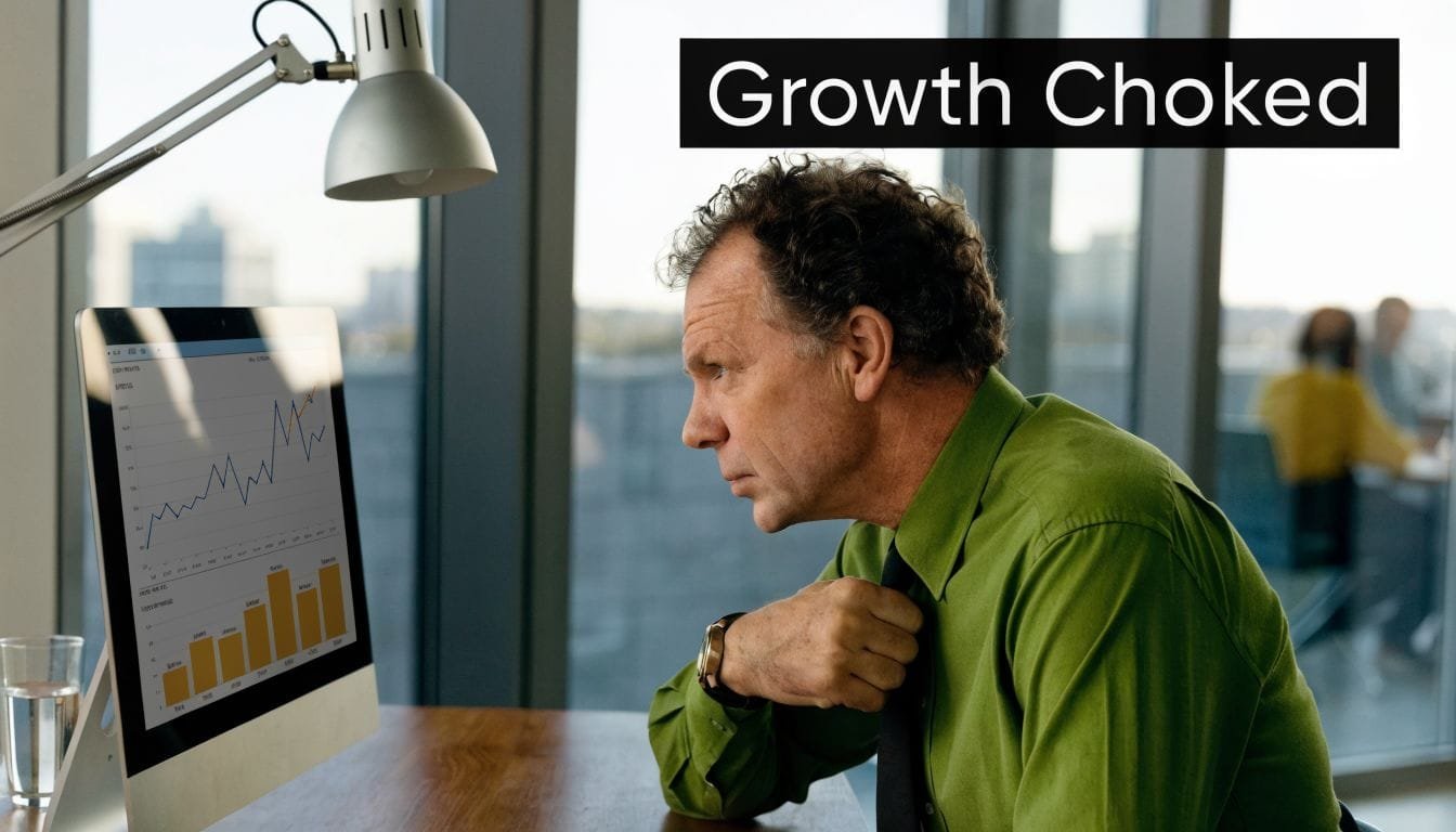 A concerned businessman looking at a computer screen displaying stagnant financial charts and growth data.