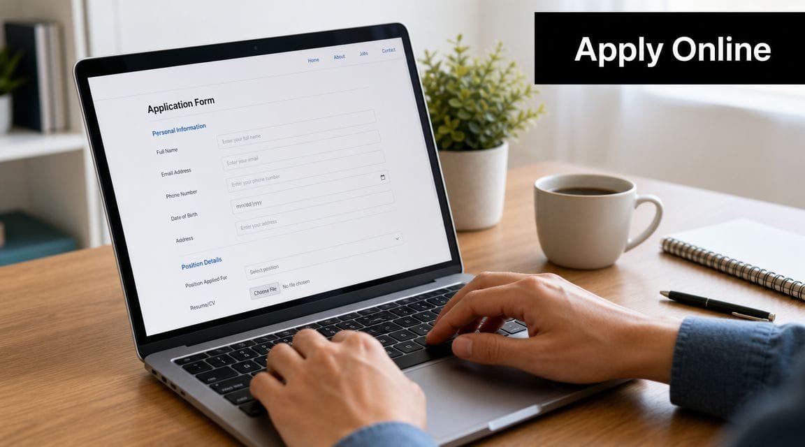 A person typing on a laptop computer displaying an online job application form on a wooden desk.