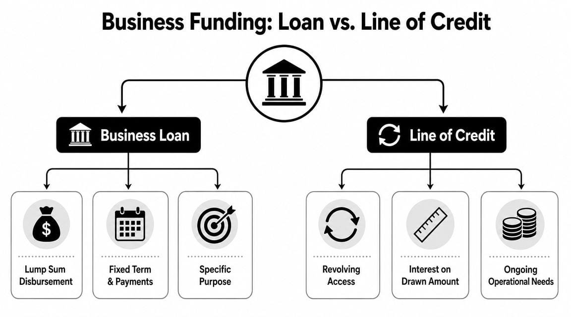 A diagram comparing business loans with a lump sum to lines of credit with revolving access.