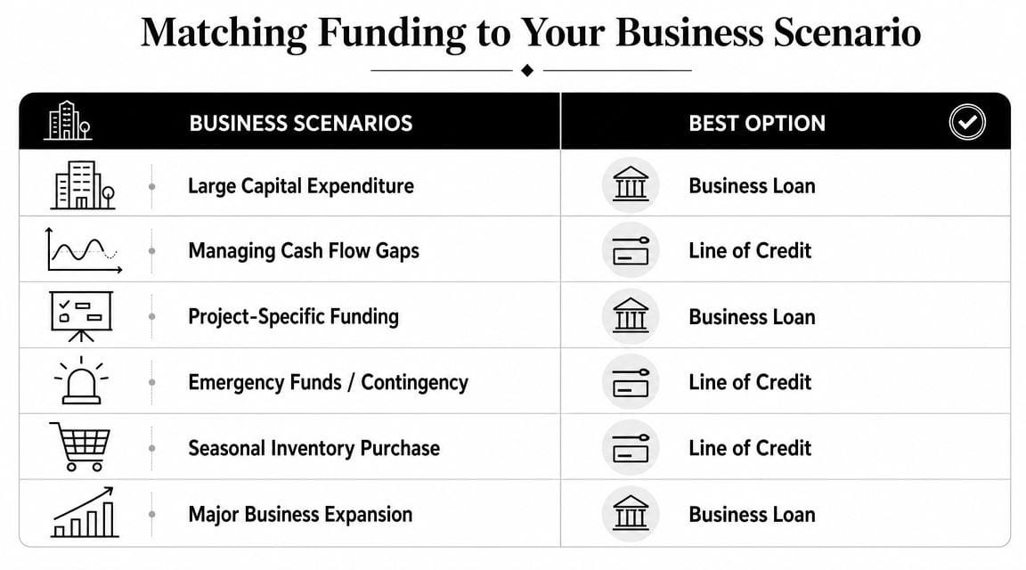 A chart comparing business scenarios to the best funding options: business loans and lines of credit.