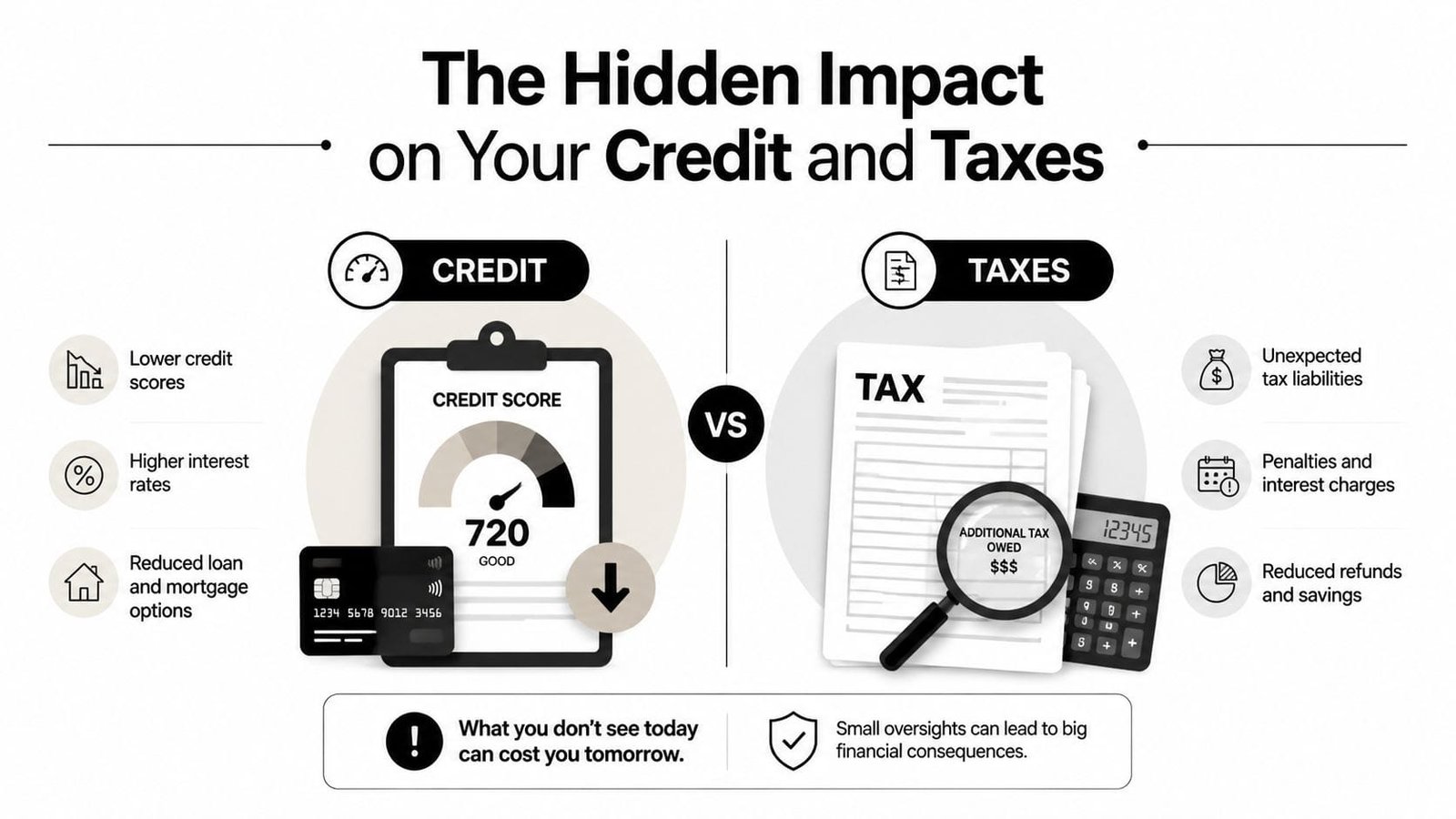 An infographic comparing the negative financial impacts of credit score drops and unexpected tax liabilities.