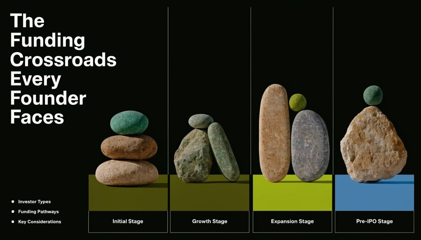 An educational graphic illustrating the four distinct stages of startup funding for business founders.