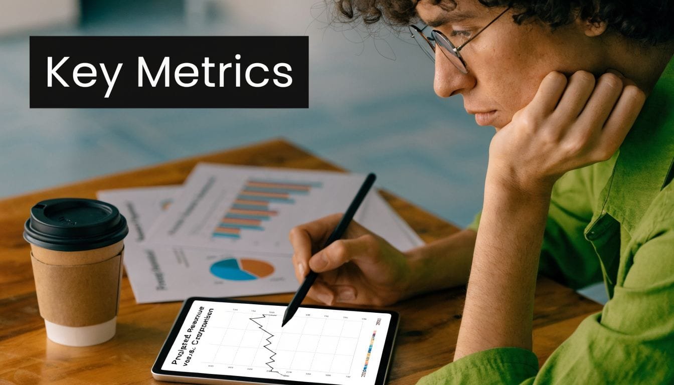 A person in a green shirt analyzing financial business metrics on a tablet while working at a desk.