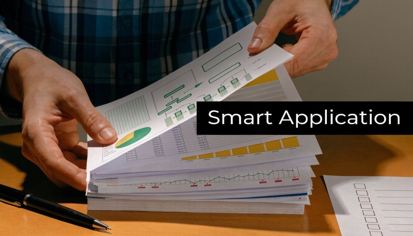 A person reviewing a stack of financial documents and charts for a business loan with no revenue application.