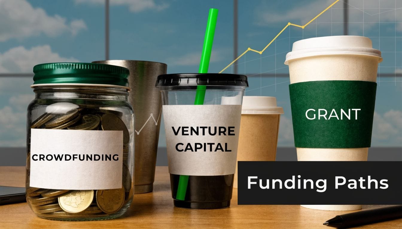 A glass jar and cups labeled with various funding sources including crowdfunding, venture capital, and grant options.