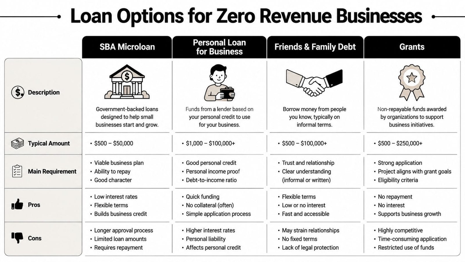 A comparison chart outlining different loan options for small businesses that have zero revenue.