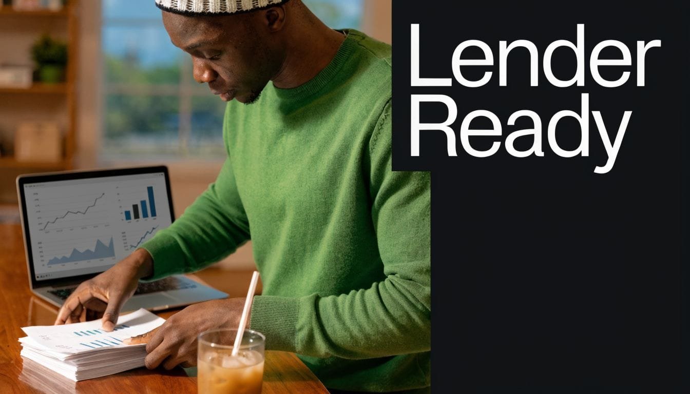 A focused man in a green sweater reviewing financial charts on a laptop and paper documents.