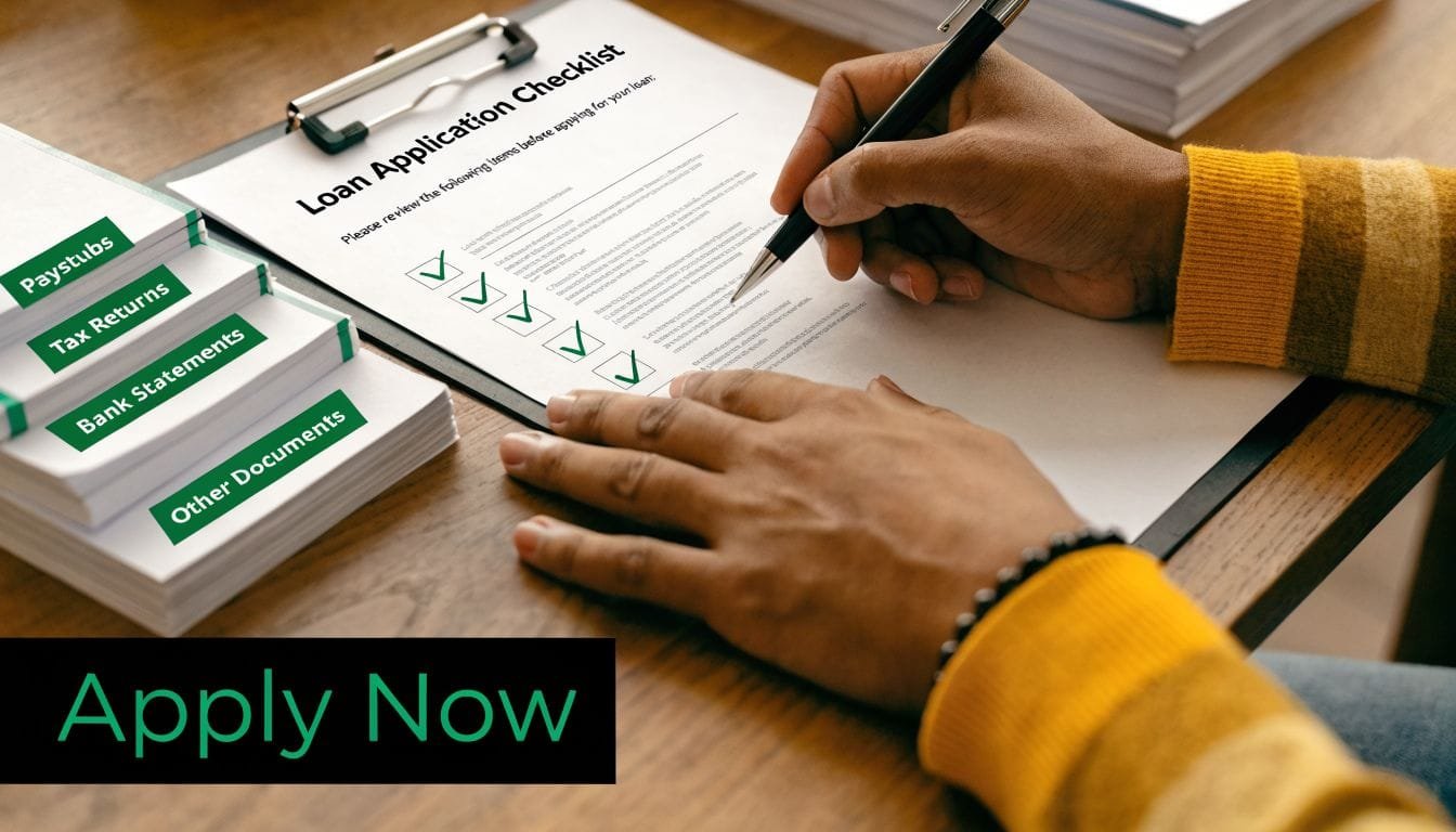 A person filling out a loan application checklist with documents labeled for financial review and approval.