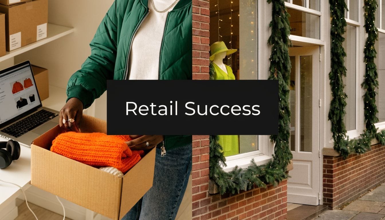 A split image showing an e-commerce business owner packing clothes and a brick and mortar store front.