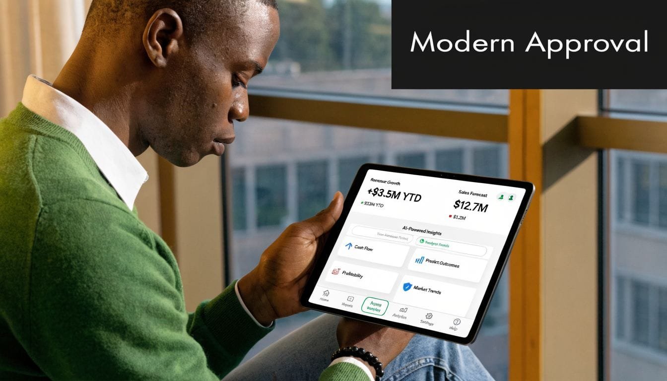 A man in a green sweater reviewing financial analytics and cash flow data on a modern tablet computer.