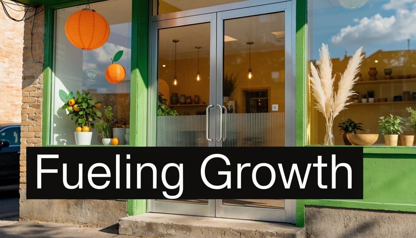 A modern storefront window display featuring small citrus trees and pampas grass with a bright green frame.