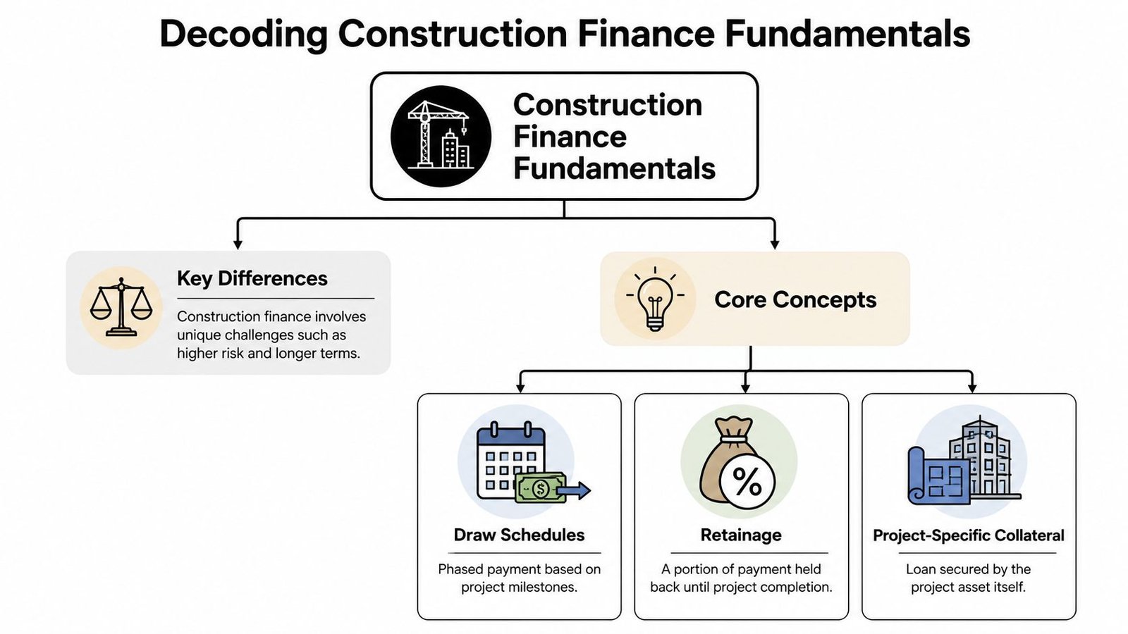 A flowchart infographic outlining the key differences and core concepts of construction project financing and management.