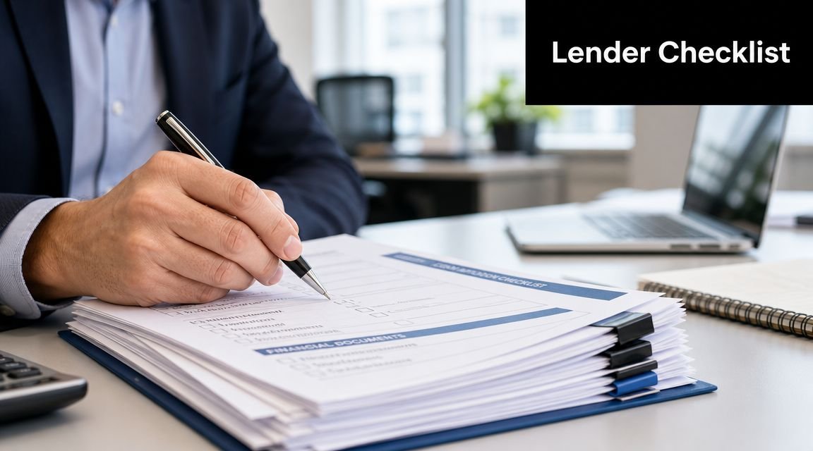 A professional in a suit reviewing and filling out a detailed lender checklist document at a desk.