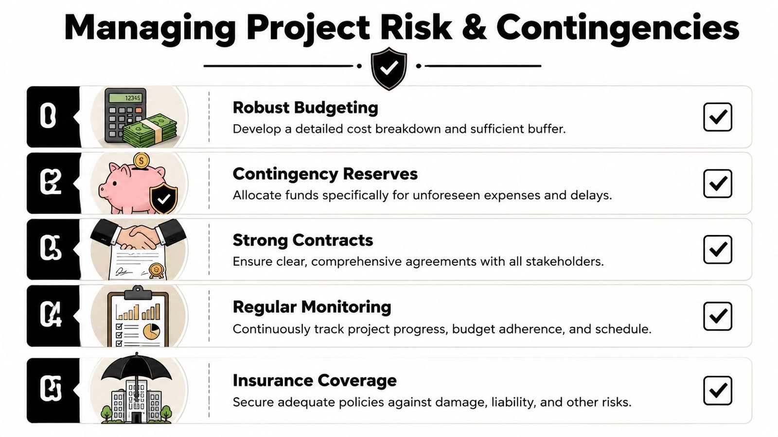 A structured guide outlining five key strategies for managing project risk and financial contingencies effectively.