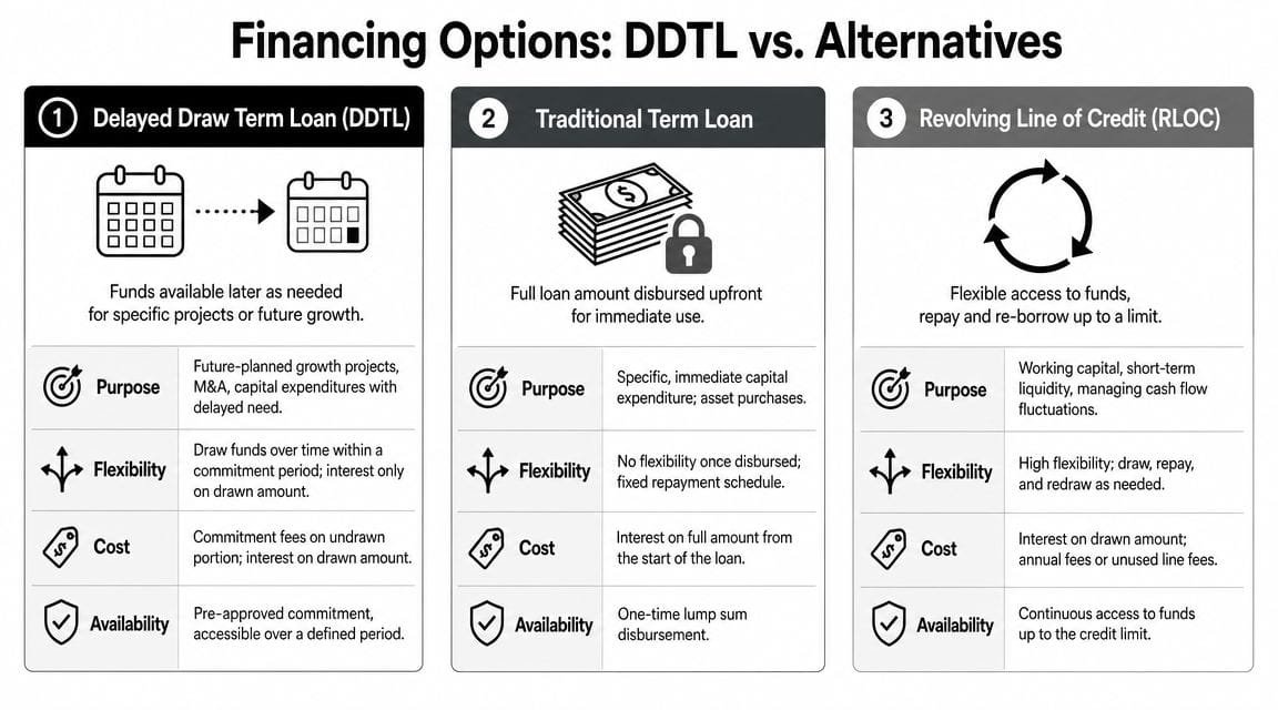 A comparison chart outlining the differences between Delayed Draw Term Loans, Traditional Term Loans, and Revolving Lines of Credit.