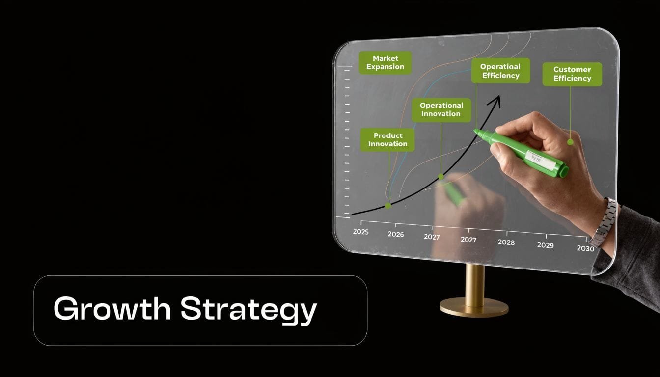 A hand drawing a growth strategy curve on a glass display board with business growth markers.