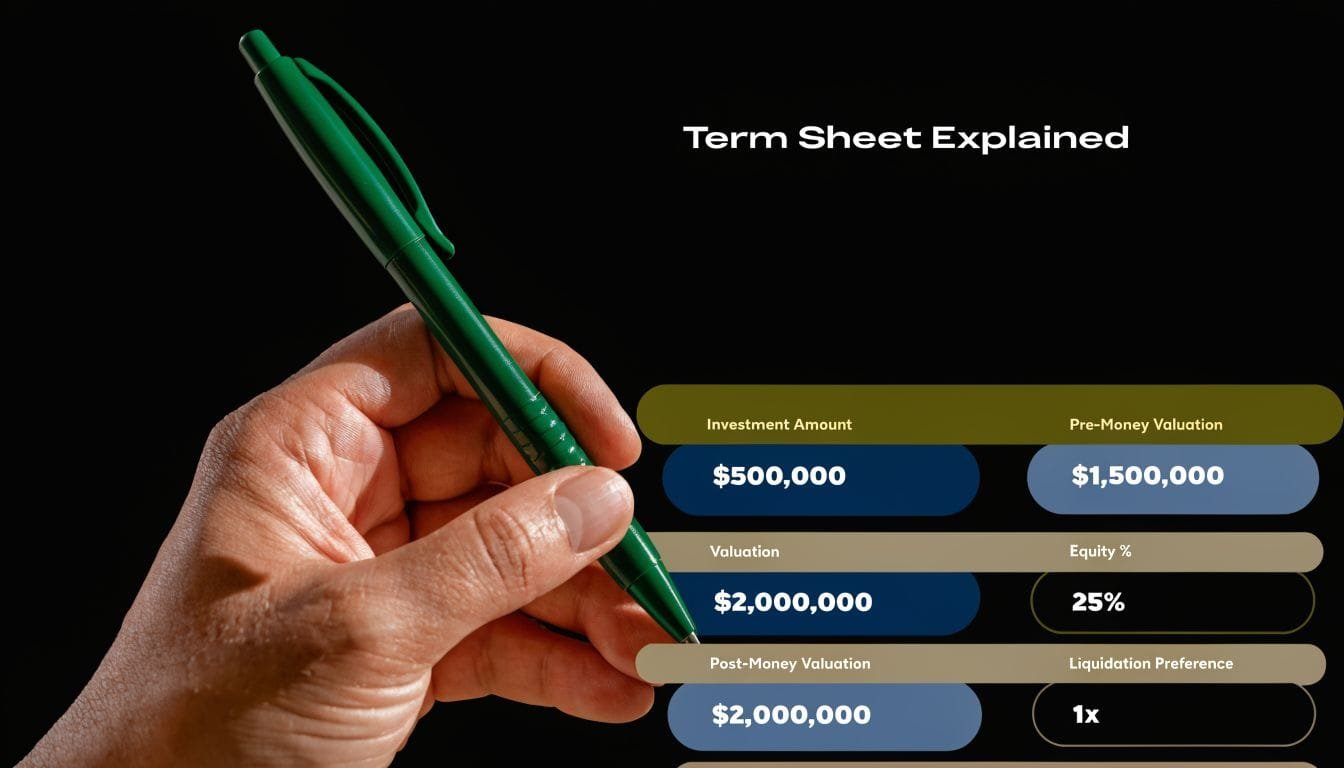 A close-up of a hand holding a green pen over a business term sheet chart explaining valuation.