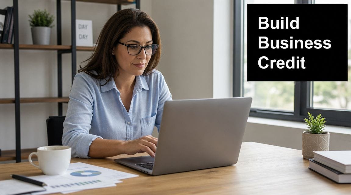 A professional woman wearing glasses working on a laptop at her office desk to build business credit.