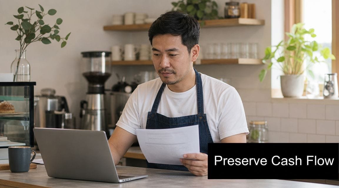 A cafe owner wearing an apron reviews financial documents on a laptop to preserve cash flow.