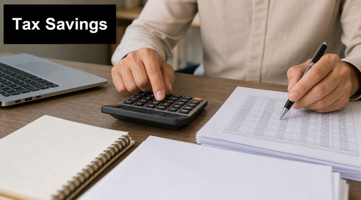 A professional analyzing tax documents at a desk using a calculator and pen for financial planning.